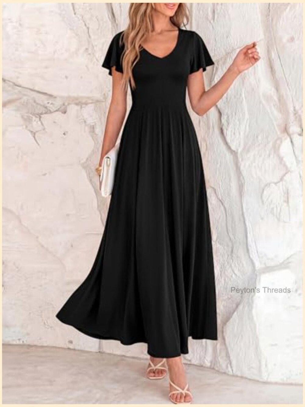 V Neck Ruffle Sleeve A Line Maxi Formal Wedding Guest Dress - Picture 4 of 7